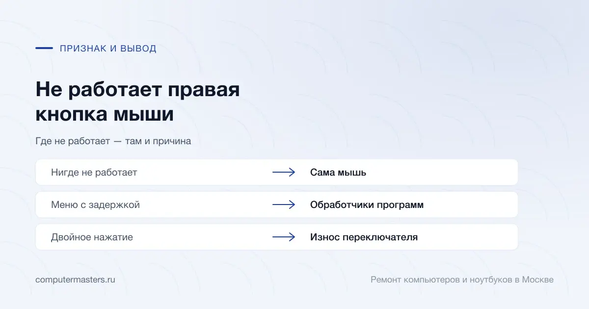 Таблица «признак — вывод»: нигде не работает — сама мышь; меню с задержкой — обработчики программ; двойное нажатие — износ переключателя