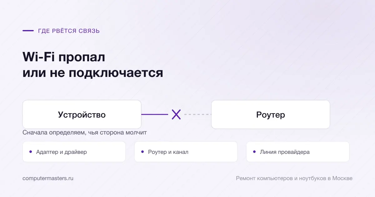 Схема связи «Устройство — Роутер» и три места, где она рвётся чаще всего: адаптер и драйвер, роутер и канал, линия провайдера