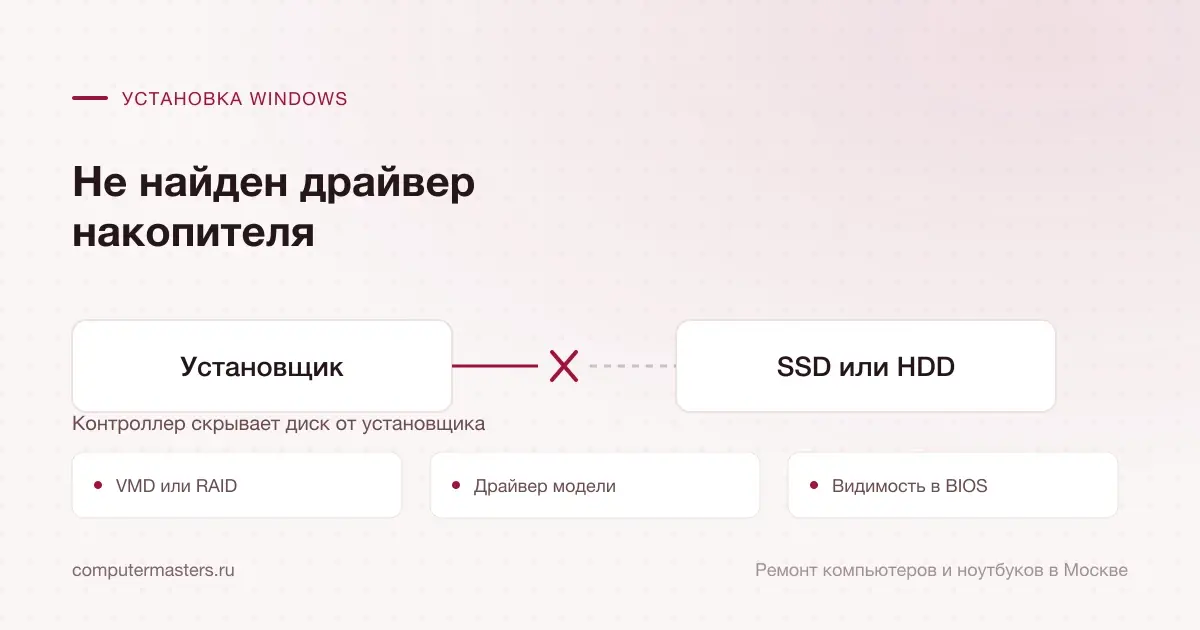 Схема связи «Установщик — SSD или HDD» и три места, где она рвётся чаще всего: vmd или raid, драйвер модели, видимость в bios