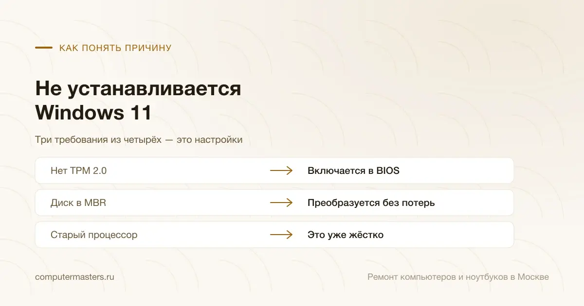 Таблица «признак — вывод»: нет tpm 2.0 — включается в bios; диск в mbr — преобразуется без потерь; старый процессор — это уже жёстко