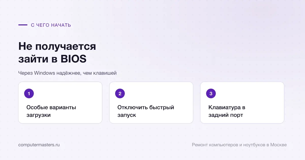 Три шага по порядку: особые варианты загрузки, отключить быстрый запуск, клавиатура в задний порт