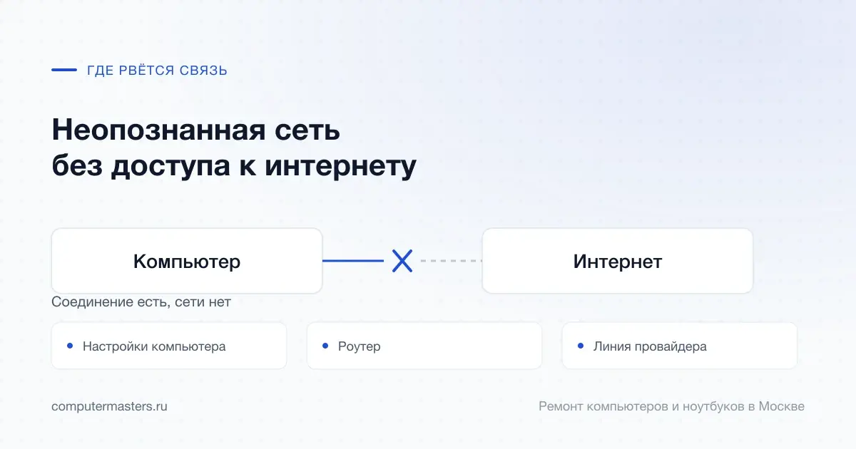 Схема связи «Компьютер — Интернет» и три места, где она рвётся чаще всего: настройки компьютера, роутер, линия провайдера