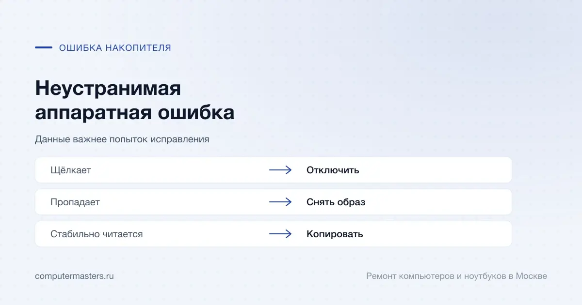 Таблица «признак — вывод»: щёлкает — отключить; пропадает — снять образ; стабильно читается — копировать