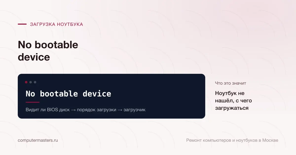 Экран с сообщением «No bootable device»: ноутбук не нашёл, с чего загружаться, проверять в порядке «Видит ли BIOS диск → порядок загрузки → загрузчик»