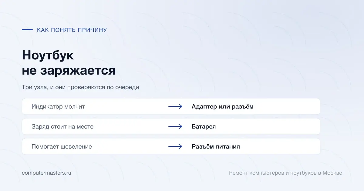 Таблица «признак — вывод»: индикатор молчит — адаптер или разъём; заряд стоит на месте — батарея; помогает шевеление — разъём питания