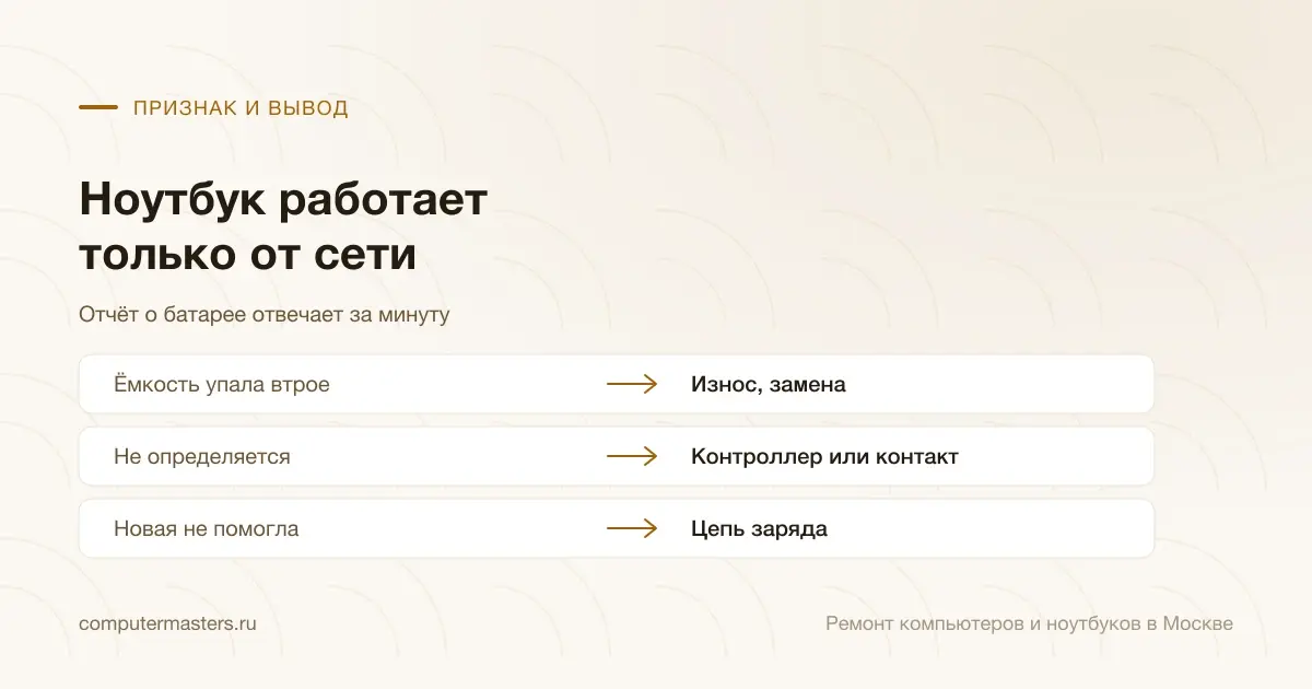 Таблица «признак — вывод»: ёмкость упала втрое — износ, замена; не определяется — контроллер или контакт; новая не помогла — цепь заряда