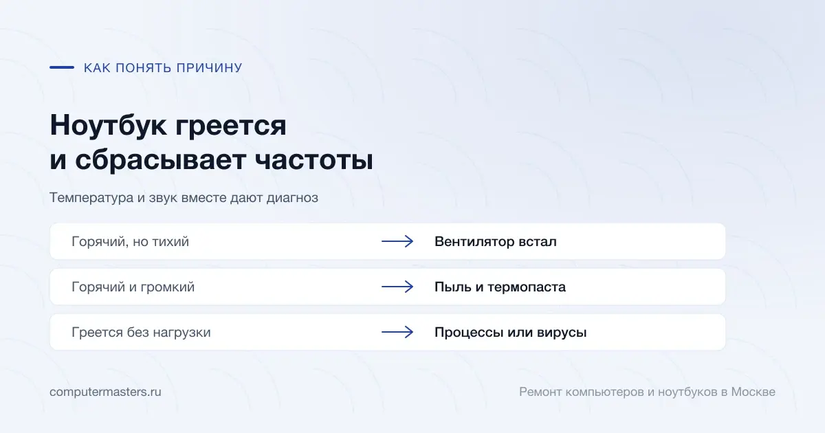 Таблица «признак — вывод»: горячий, но тихий — вентилятор встал; горячий и громкий — пыль и термопаста; греется без нагрузки — процессы или вирусы