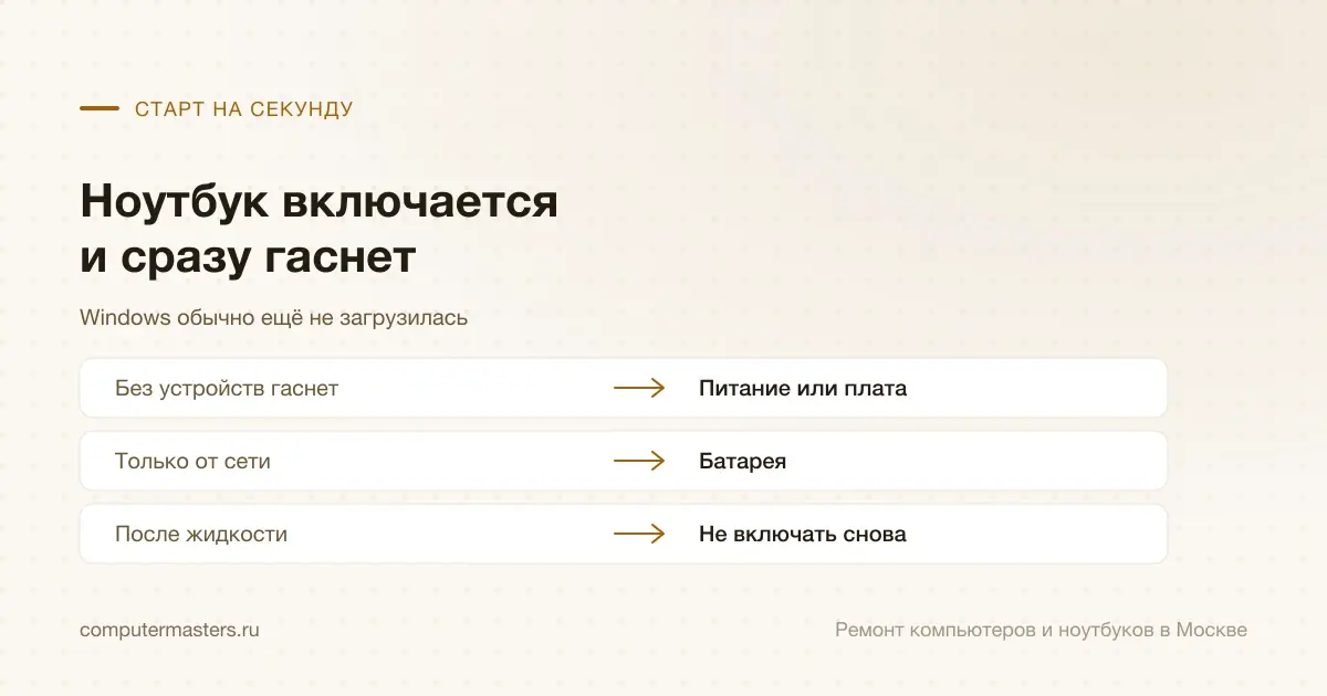 Таблица «признак — вывод»: без устройств гаснет — питание или плата; только от сети — батарея; после жидкости — не включать снова