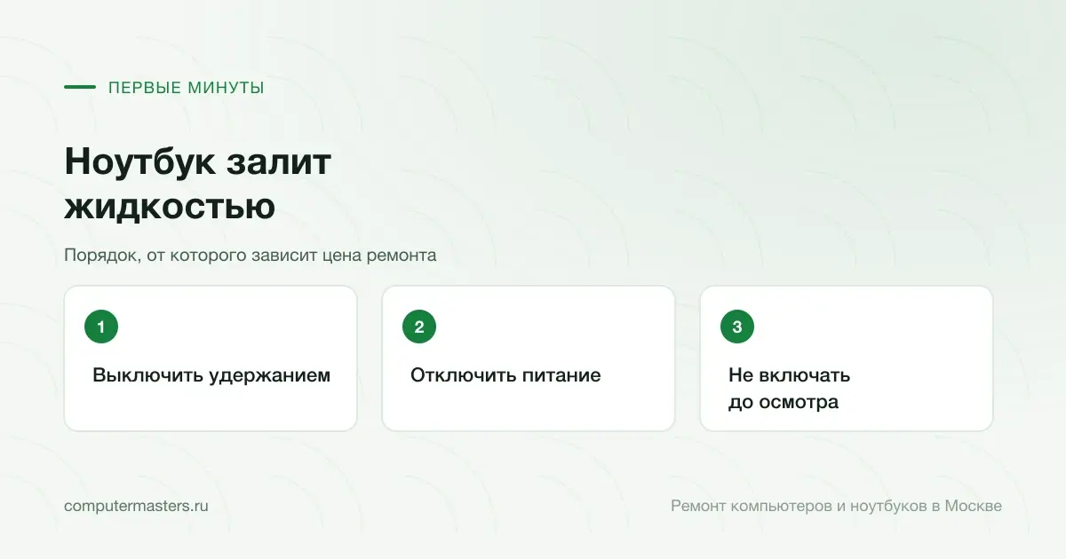 Три шага по порядку: выключить удержанием, отключить питание, не включать до осмотра
