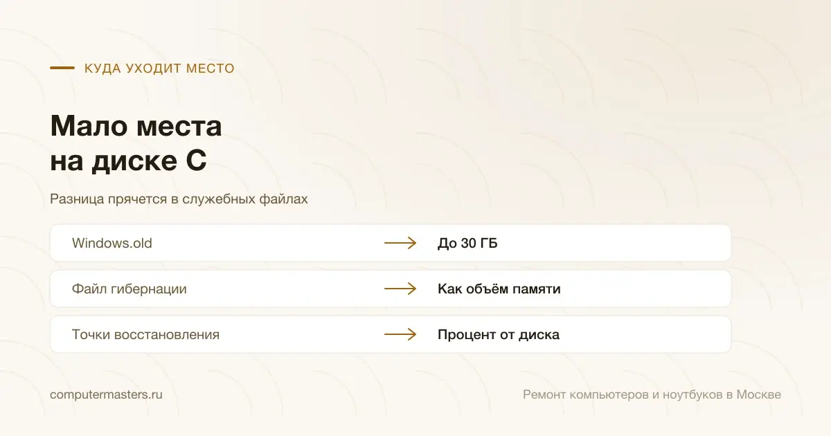 Таблица «признак — вывод»: windows.old — до 30 гб; файл гибернации — как объём памяти; точки восстановления — процент от диска