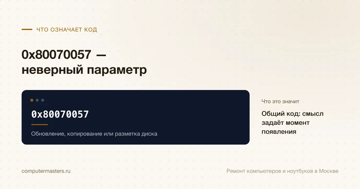 Экран с сообщением «0x80070057»: общий код: смысл задаёт момент появления, проверять в порядке «Обновление, копирование или разметка диска»