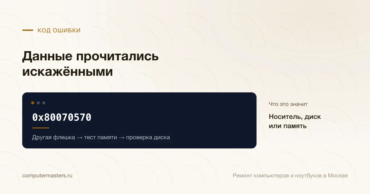 Экран с сообщением «0x80070570»: носитель, диск или память, проверять в порядке «Другая флешка → тест памяти → проверка диска»