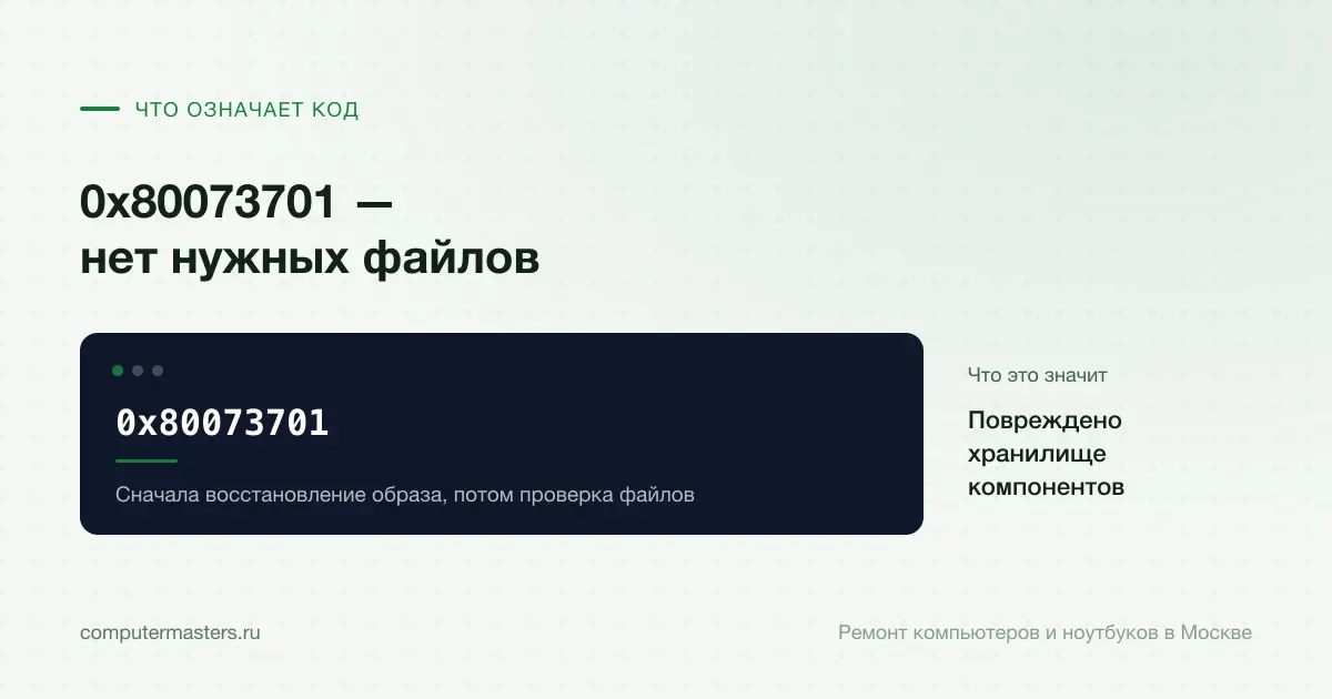 Экран с сообщением «0x80073701»: повреждено хранилище компонентов, проверять в порядке «Сначала восстановление образа, потом проверка файлов»
