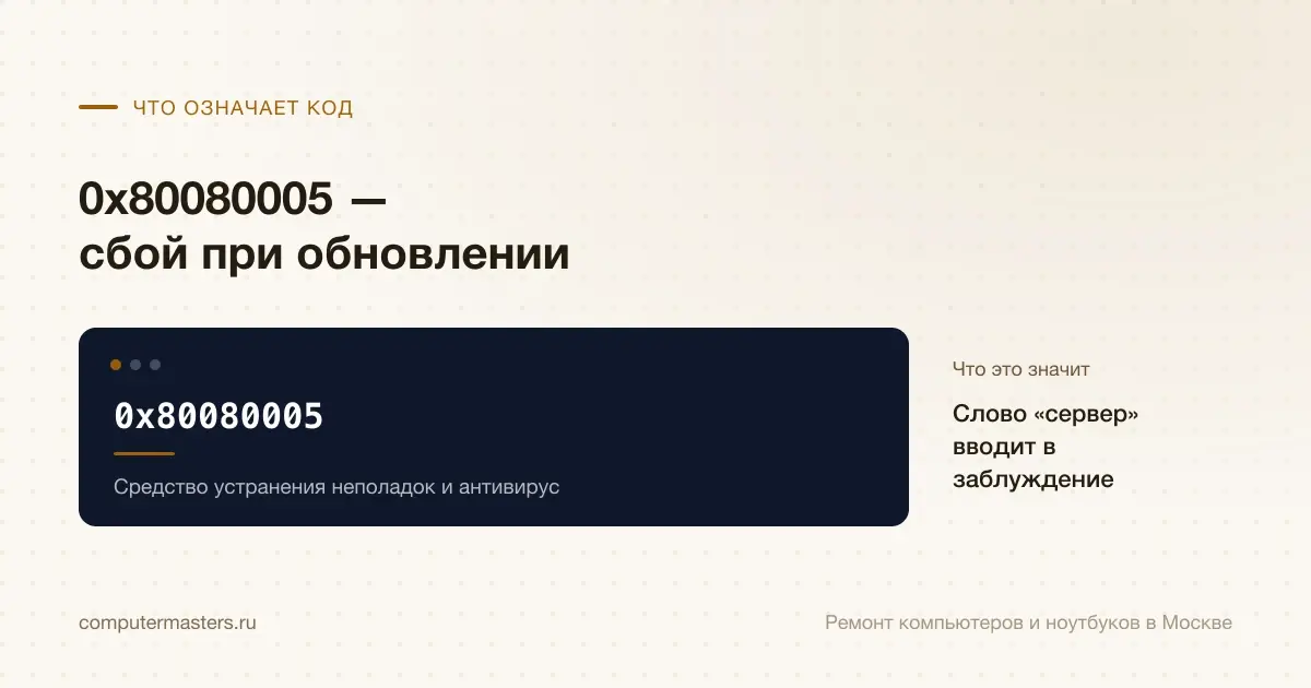 Экран с сообщением «0x80080005»: слово «сервер» вводит в заблуждение, проверять в порядке «Средство устранения неполадок и антивирус»