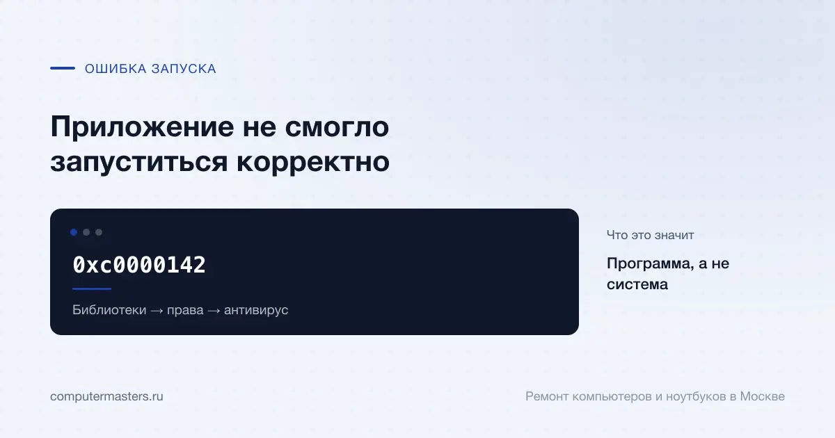 Экран с сообщением «0xc0000142»: программа, а не система, проверять в порядке «Библиотеки → права → антивирус»