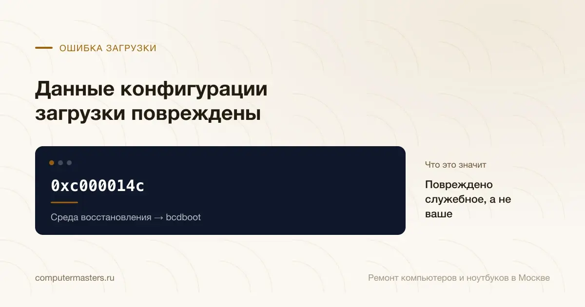 Экран с сообщением «0xc000014c»: повреждено служебное, а не ваше, проверять в порядке «Среда восстановления → bcdboot»