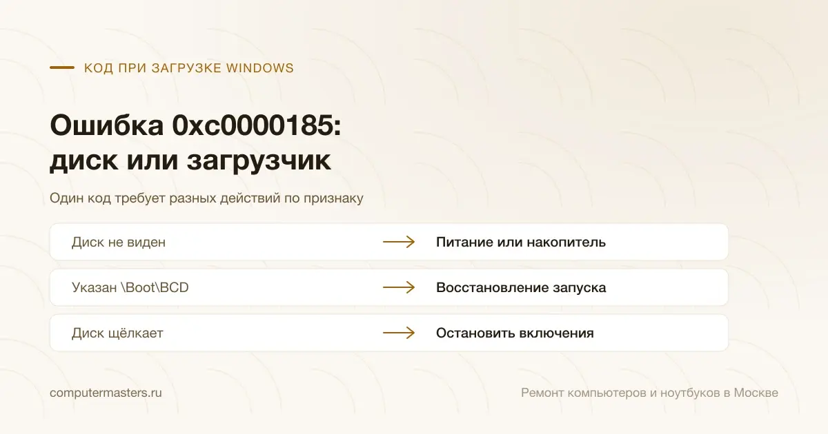 Таблица «признак — вывод»: диск не виден — питание или накопитель; указан \boot\bcd — восстановление запуска; диск щёлкает — остановить включения