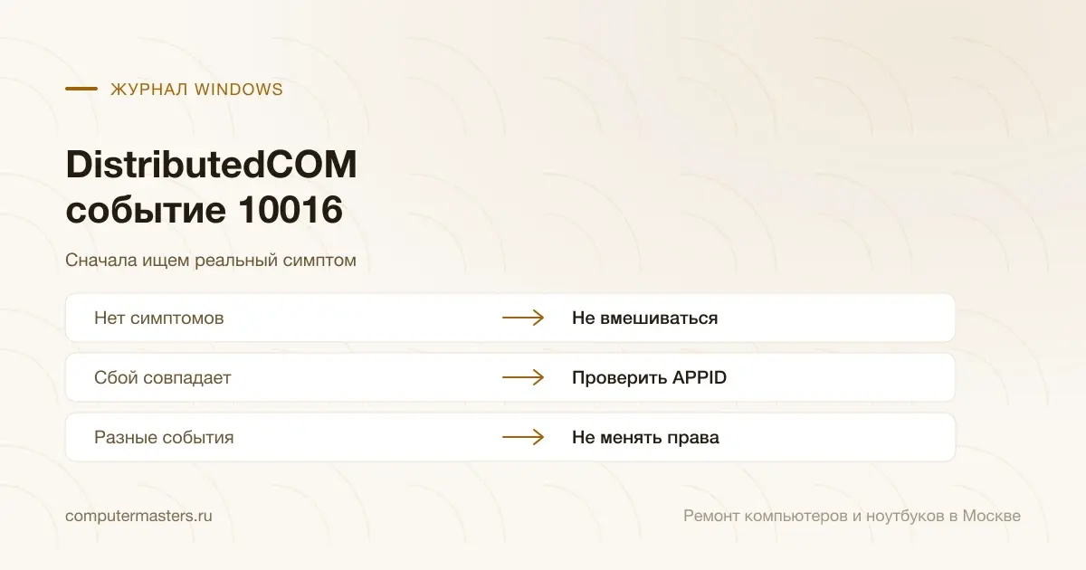 Таблица «признак — вывод»: нет симптомов — не вмешиваться; сбой совпадает — проверить appid; разные события — не менять права