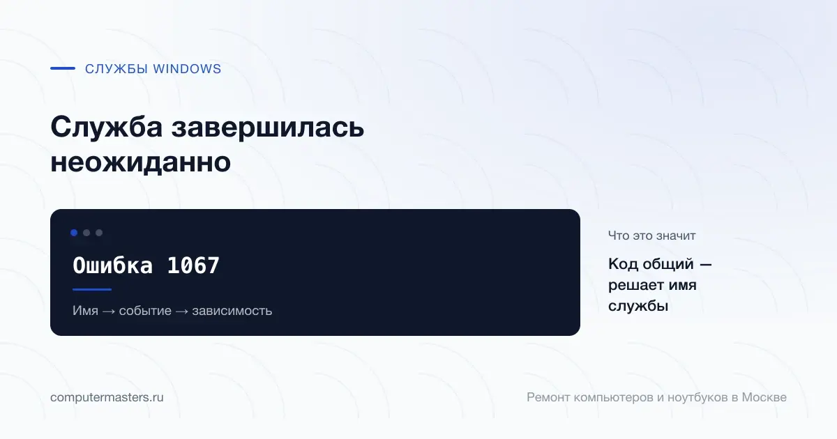 Экран с сообщением «Ошибка 1067»: код общий — решает имя службы, проверять в порядке «Имя → событие → зависимость»