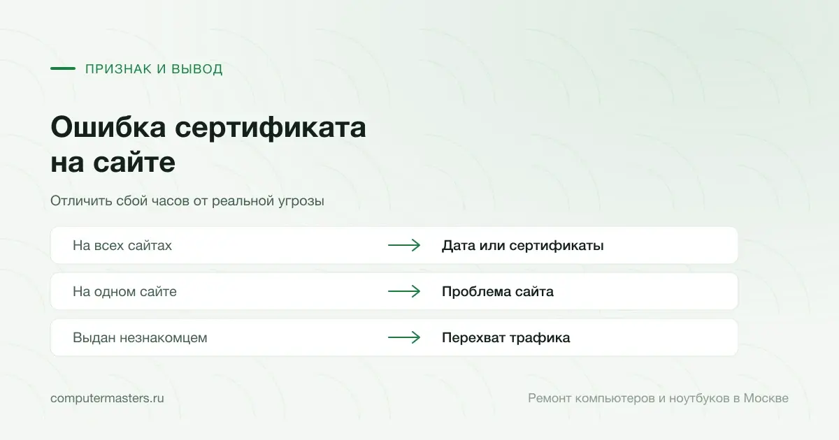 Таблица «признак — вывод»: на всех сайтах — дата или сертификаты; на одном сайте — проблема сайта; выдан незнакомцем — перехват трафика
