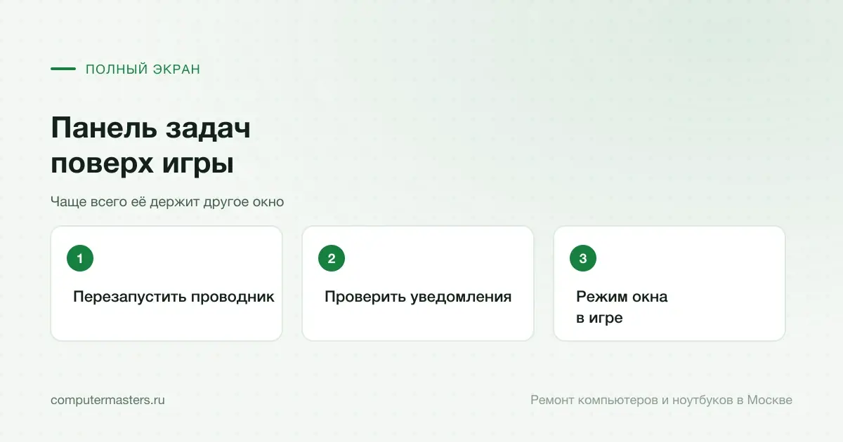 Три шага по порядку: перезапустить проводник, проверить уведомления, режим окна в игре