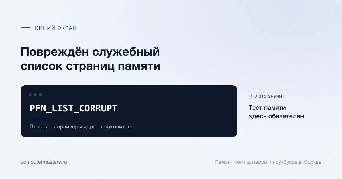 Экран с сообщением «PFN_LIST_CORRUPT»: тест памяти здесь обязателен, проверять в порядке «Планки → драйверы ядра → накопитель»
