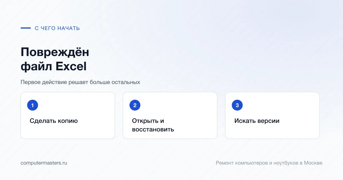 Три шага по порядку: сделать копию, открыть и восстановить, искать версии