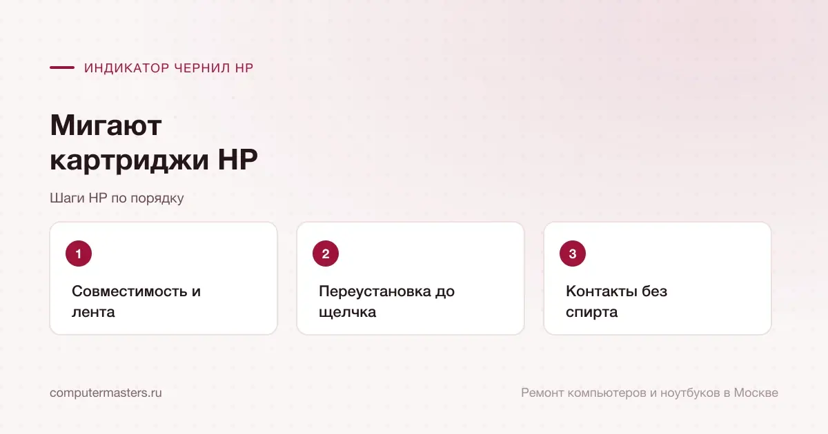 Три шага по порядку: совместимость и лента, переустановка до щелчка, контакты без спирта
