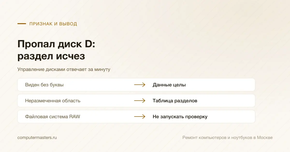 Таблица «признак — вывод»: виден без буквы — данные целы; неразмеченная область — таблица разделов; файловая система raw — не запускать проверку