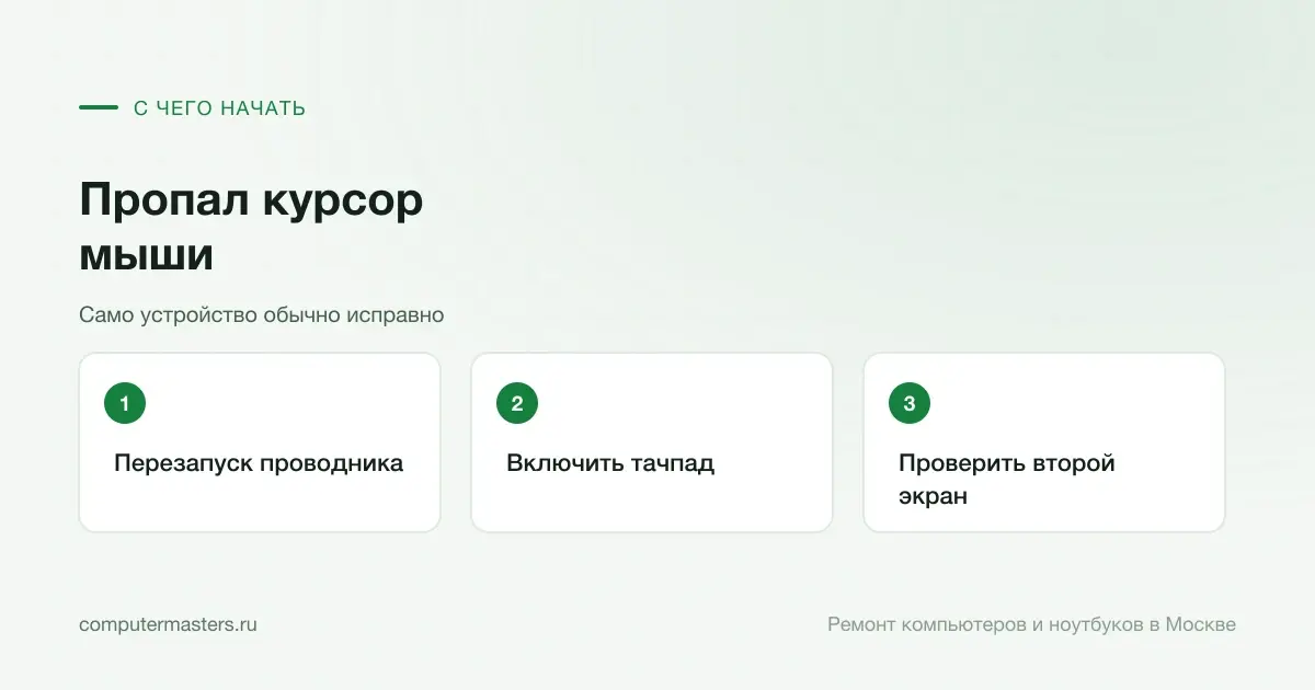 Три шага по порядку: перезапуск проводника, включить тачпад, проверить второй экран