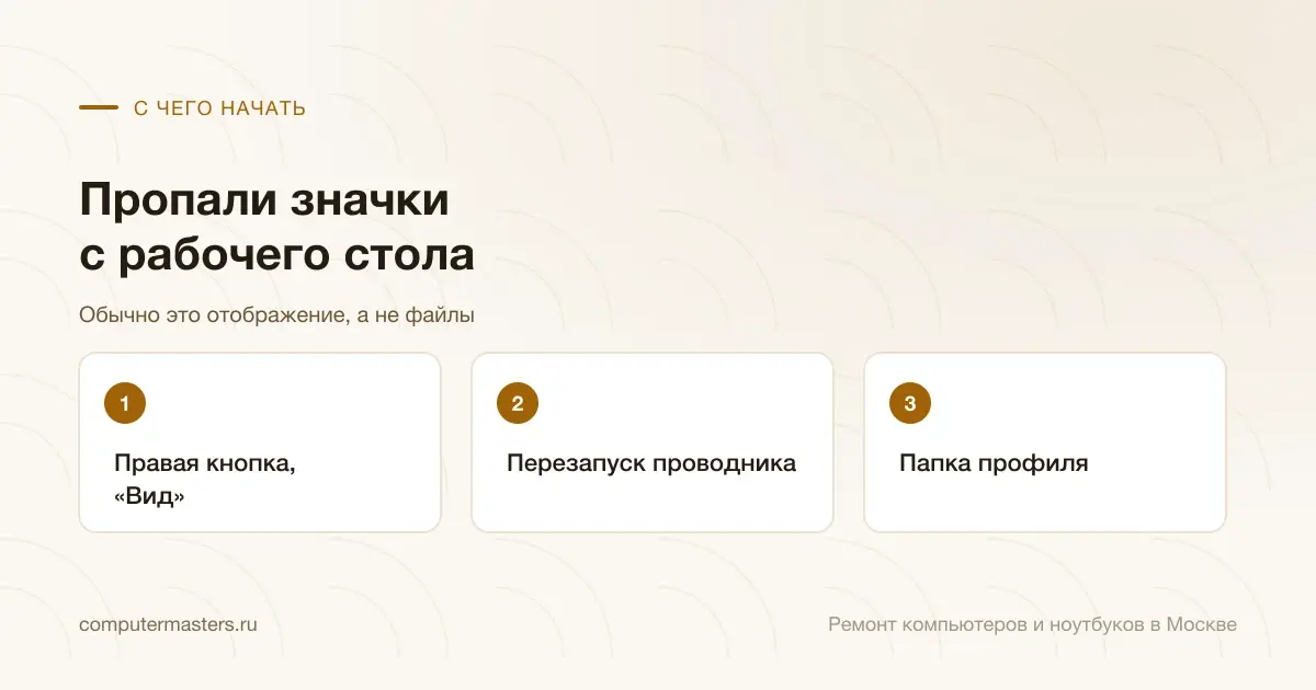 Три шага по порядку: правая кнопка, «вид», перезапуск проводника, папка профиля