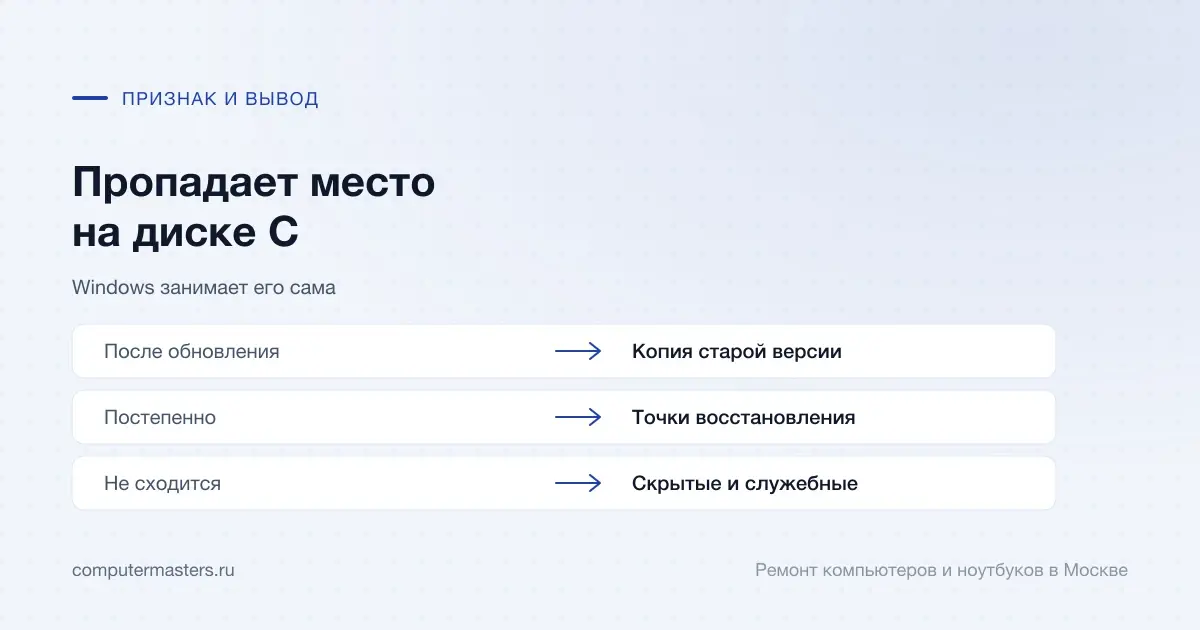 Таблица «признак — вывод»: после обновления — копия старой версии; постепенно — точки восстановления; не сходится — скрытые и служебные
