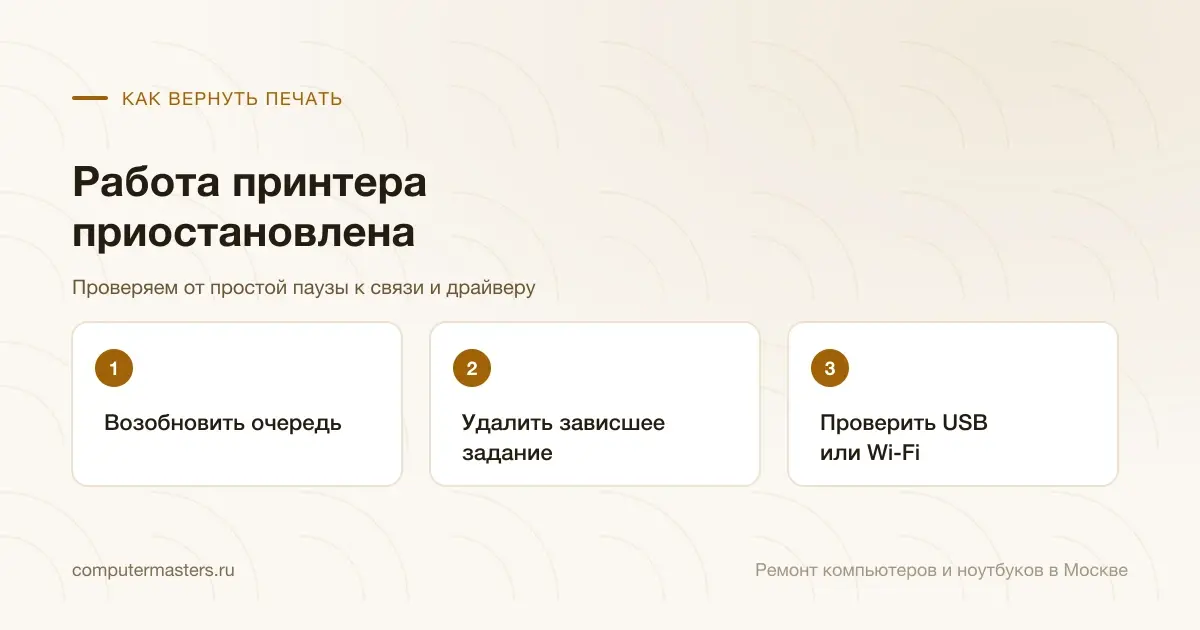 Три шага по порядку: возобновить очередь, удалить зависшее задание, проверить usb или wi-fi