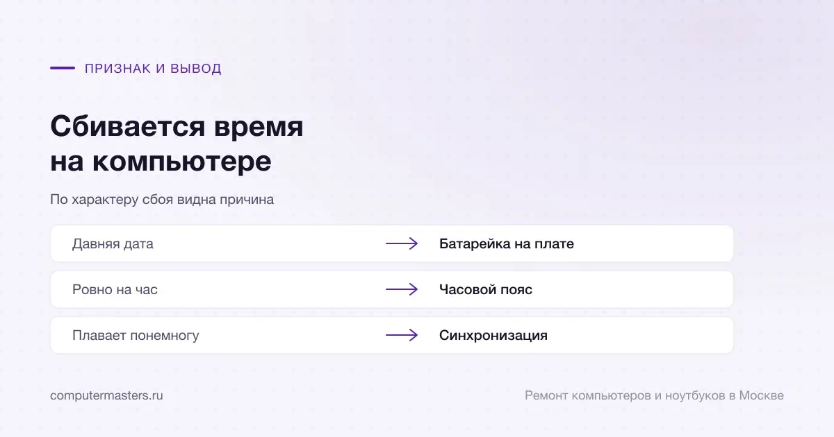 Таблица «признак — вывод»: давняя дата — батарейка на плате; ровно на час — часовой пояс; плавает понемногу — синхронизация