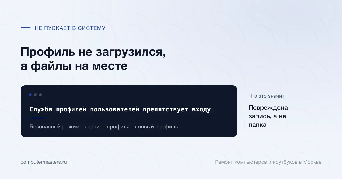 Экран с сообщением «Служба профилей пользователей препятствует входу»: повреждена запись, а не папка, проверять в порядке «Безопасный режим → запись профиля → новый профиль»