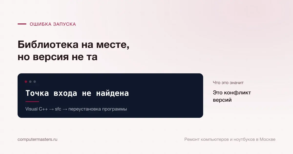 Экран с сообщением «Точка входа не найдена»: это конфликт версий, проверять в порядке «Visual C++ → sfc → переустановка программы»