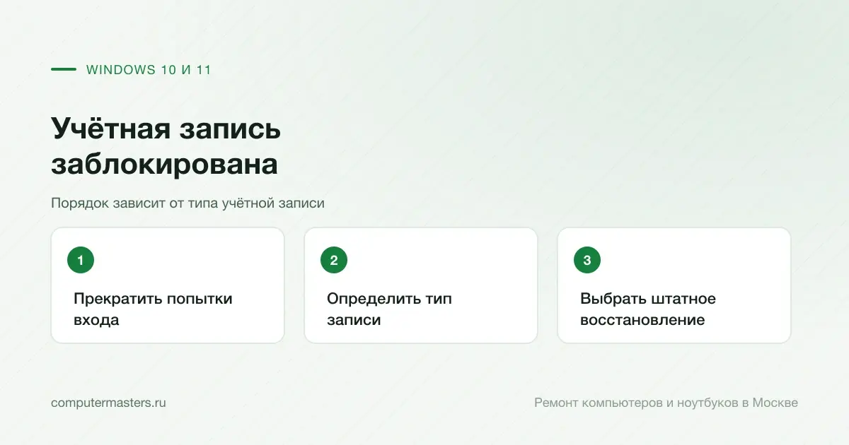 Три шага по порядку: прекратить попытки входа, определить тип записи, выбрать штатное восстановление