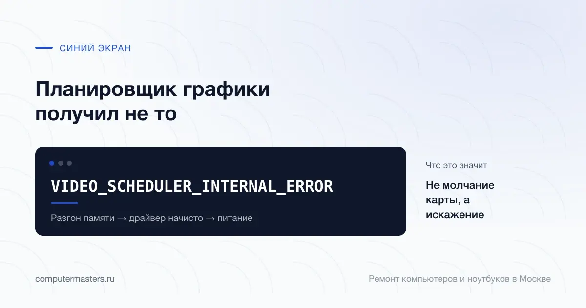 Экран с сообщением «VIDEO_SCHEDULER_INTERNAL_ERROR»: не молчание карты, а искажение, проверять в порядке «Разгон памяти → драйвер начисто → питание»