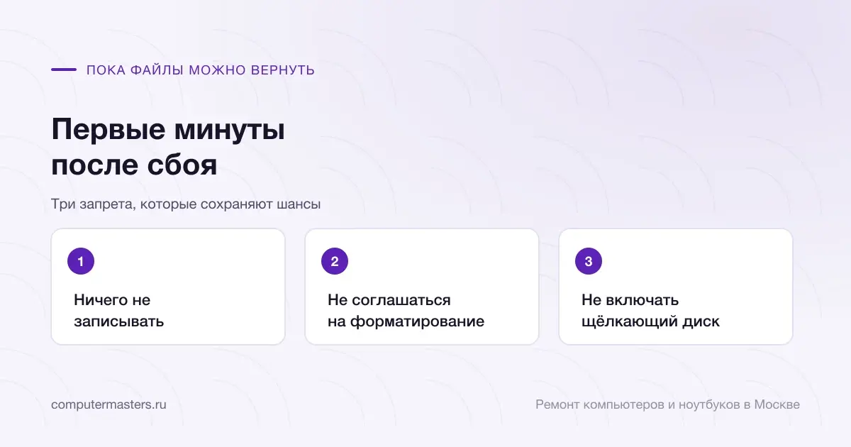 Схема из трёх запретов: ничего не записывать, не соглашаться на форматирование, не включать щёлкающий диск