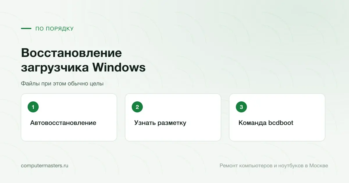 Три шага по порядку: автовосстановление, узнать разметку, команда bcdboot