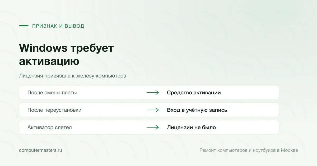 Таблица «признак — вывод»: после смены платы — средство активации; после переустановки — вход в учётную запись; активатор слетел — лицензии не было