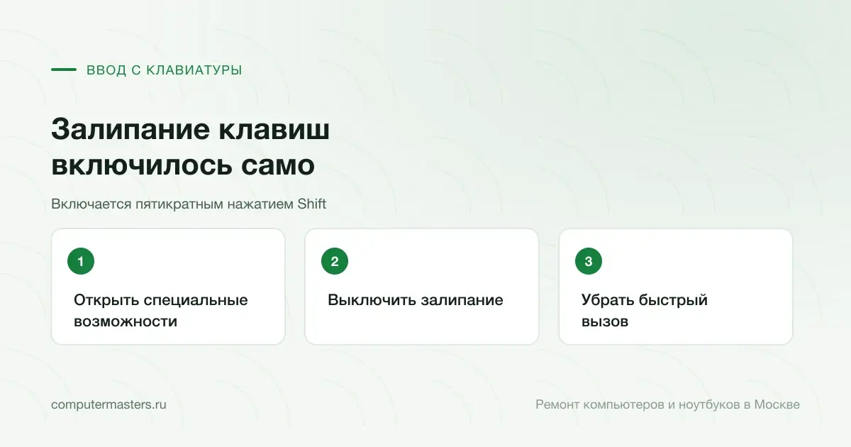 Три шага по порядку: открыть специальные возможности, выключить залипание, убрать быстрый вызов