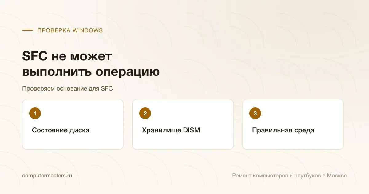 Три шага по порядку: состояние диска, хранилище dism, правильная среда