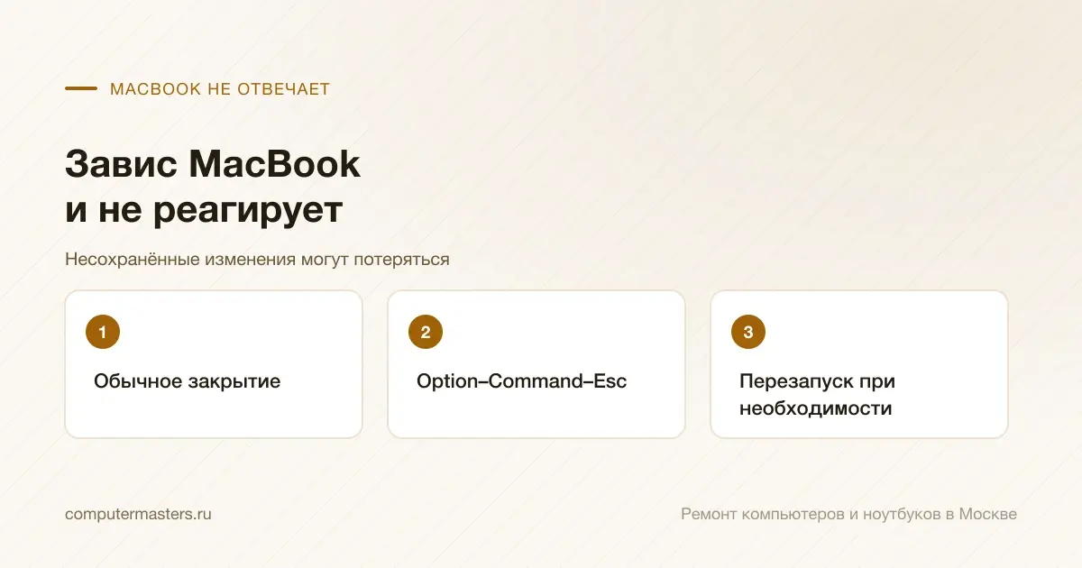 Три шага по порядку: обычное закрытие, option–command–esc, перезапуск при необходимости