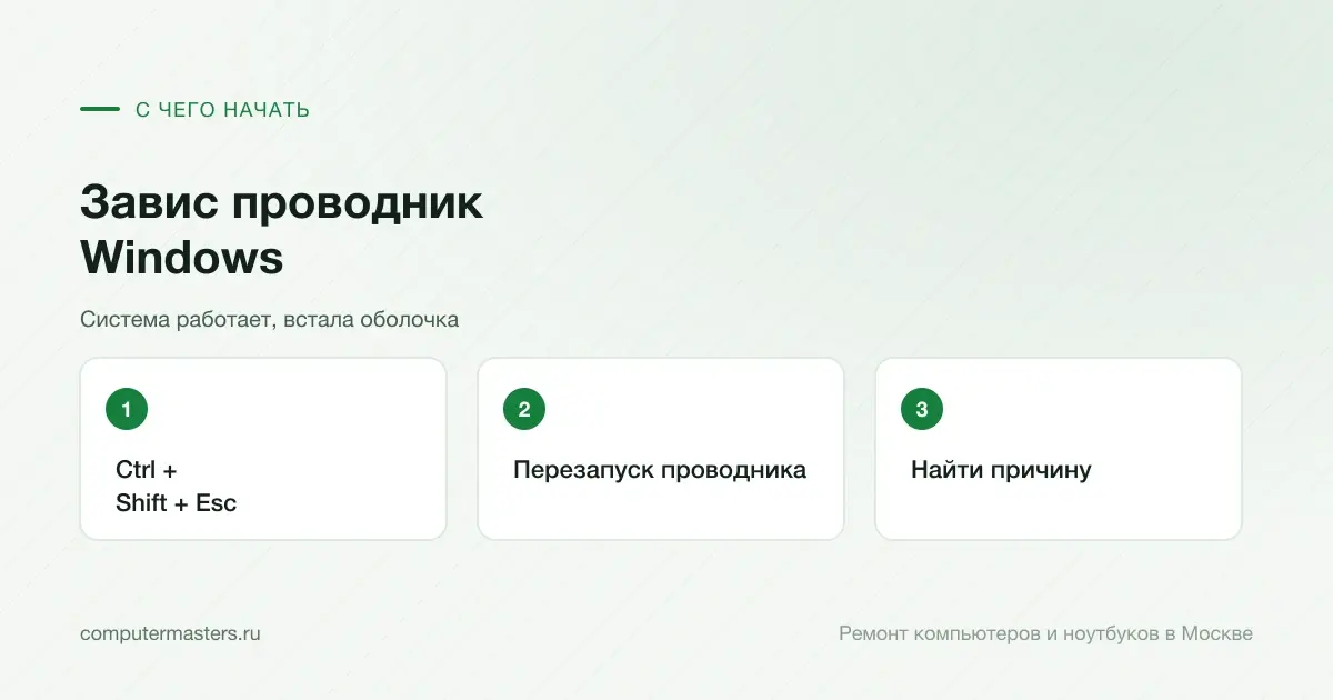 Три шага по порядку: ctrl + shift + esc, перезапуск проводника, найти причину