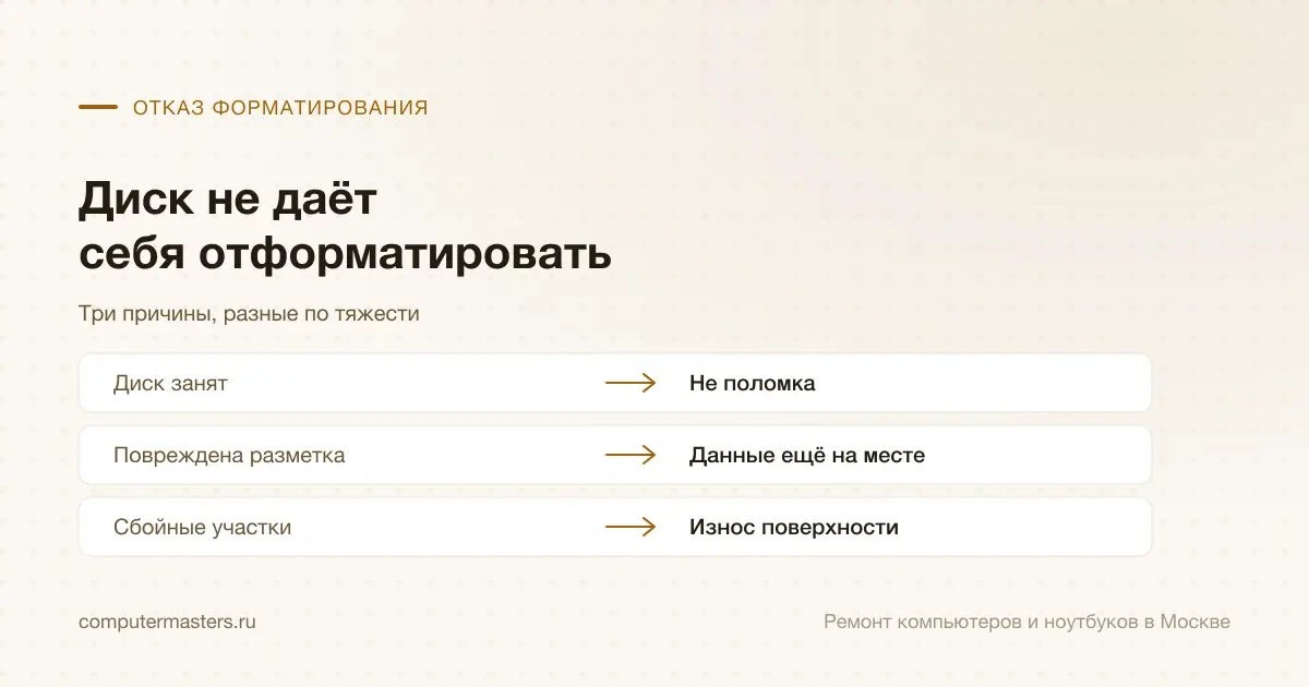 Таблица «признак — вывод»: диск занят — не поломка; повреждена разметка — данные ещё на месте; сбойные участки — износ поверхности