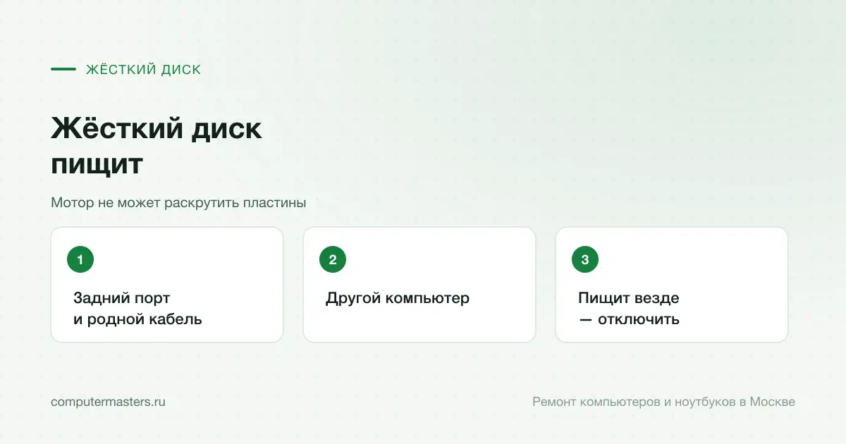 Три шага по порядку: задний порт и родной кабель, другой компьютер, пищит везде — отключить