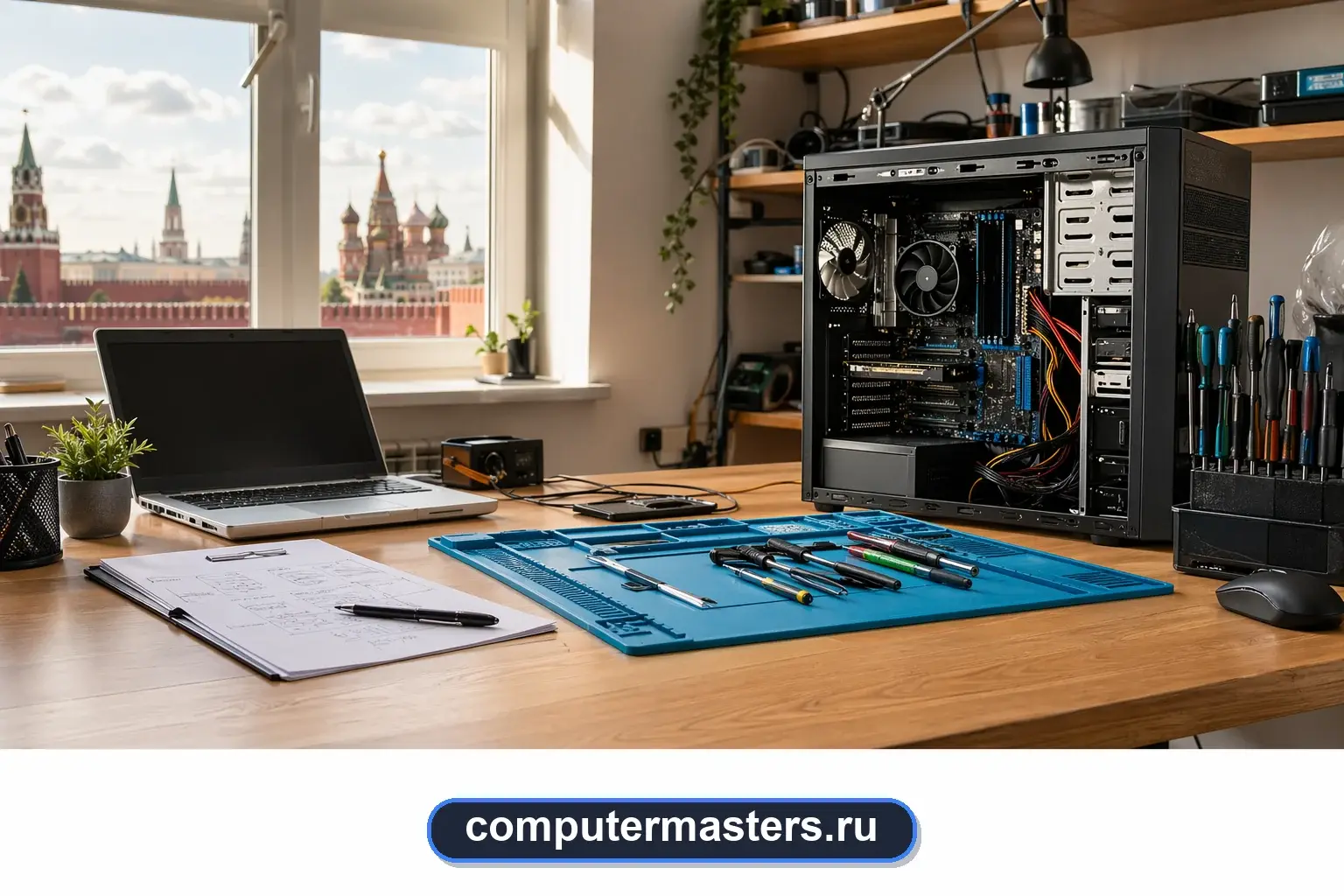 Рабочее место Computer Masters с техникой и инструментами