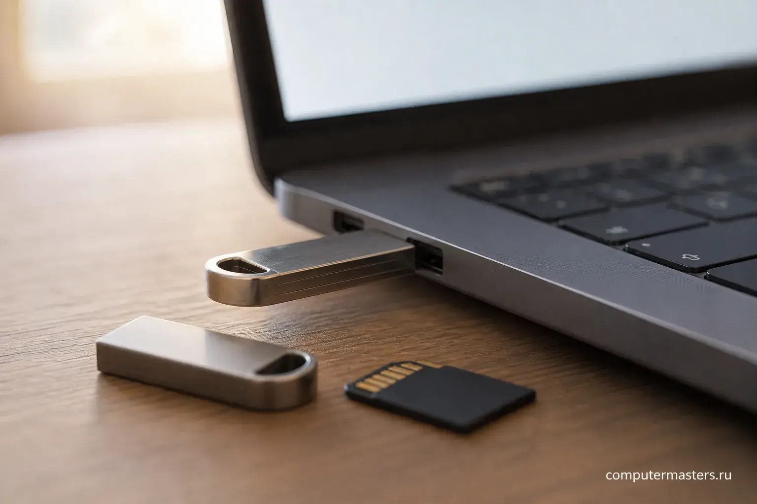 USB-флешку подносят к боковому порту ноутбука крупным планом, рядом на столе вторая флешка и карта памяти