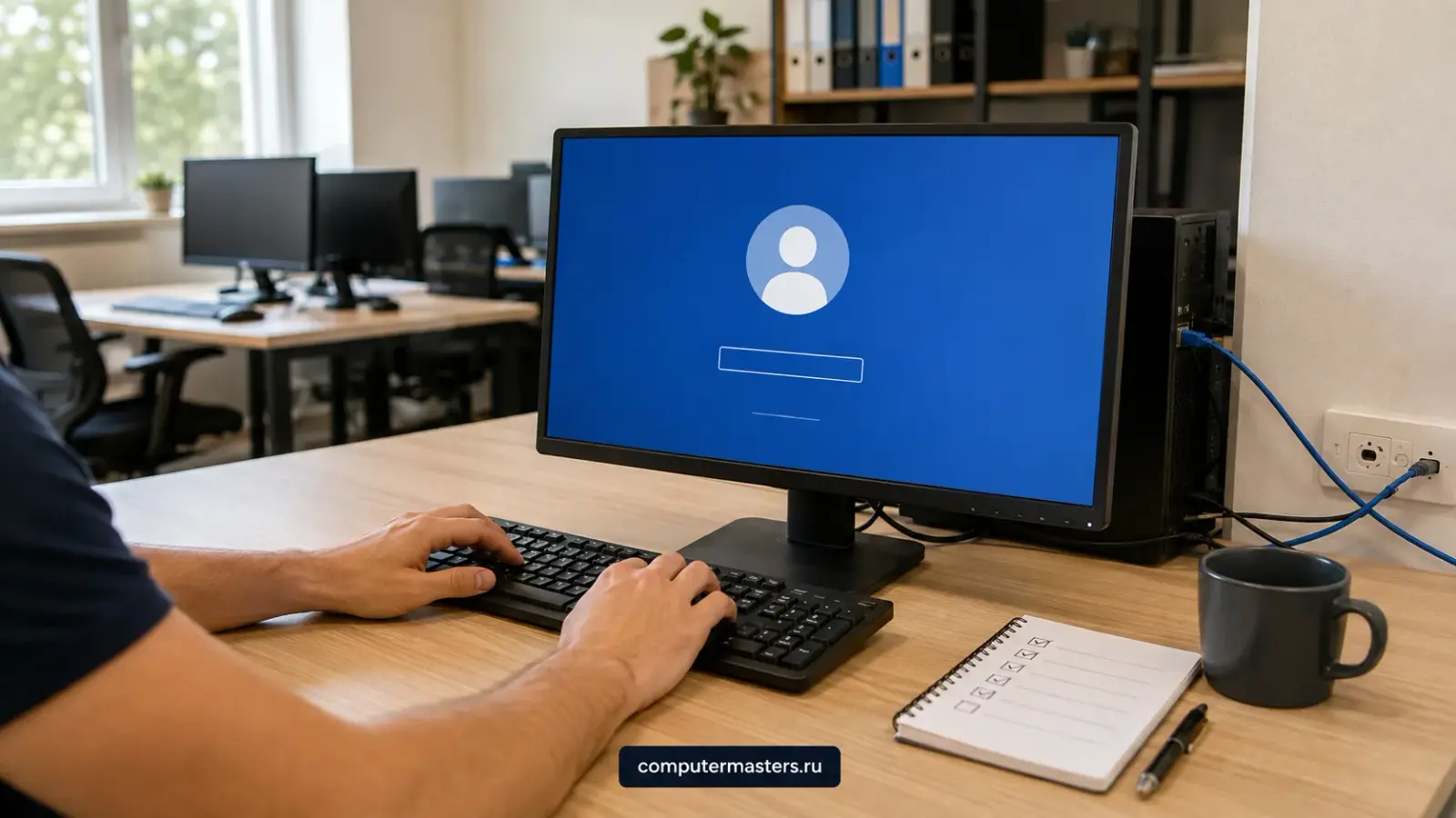 Рабочее место сотрудника: на мониторе экран входа Windows, компьютер подключён сетевым кабелем, рядом лист с отмеченным списком проверок